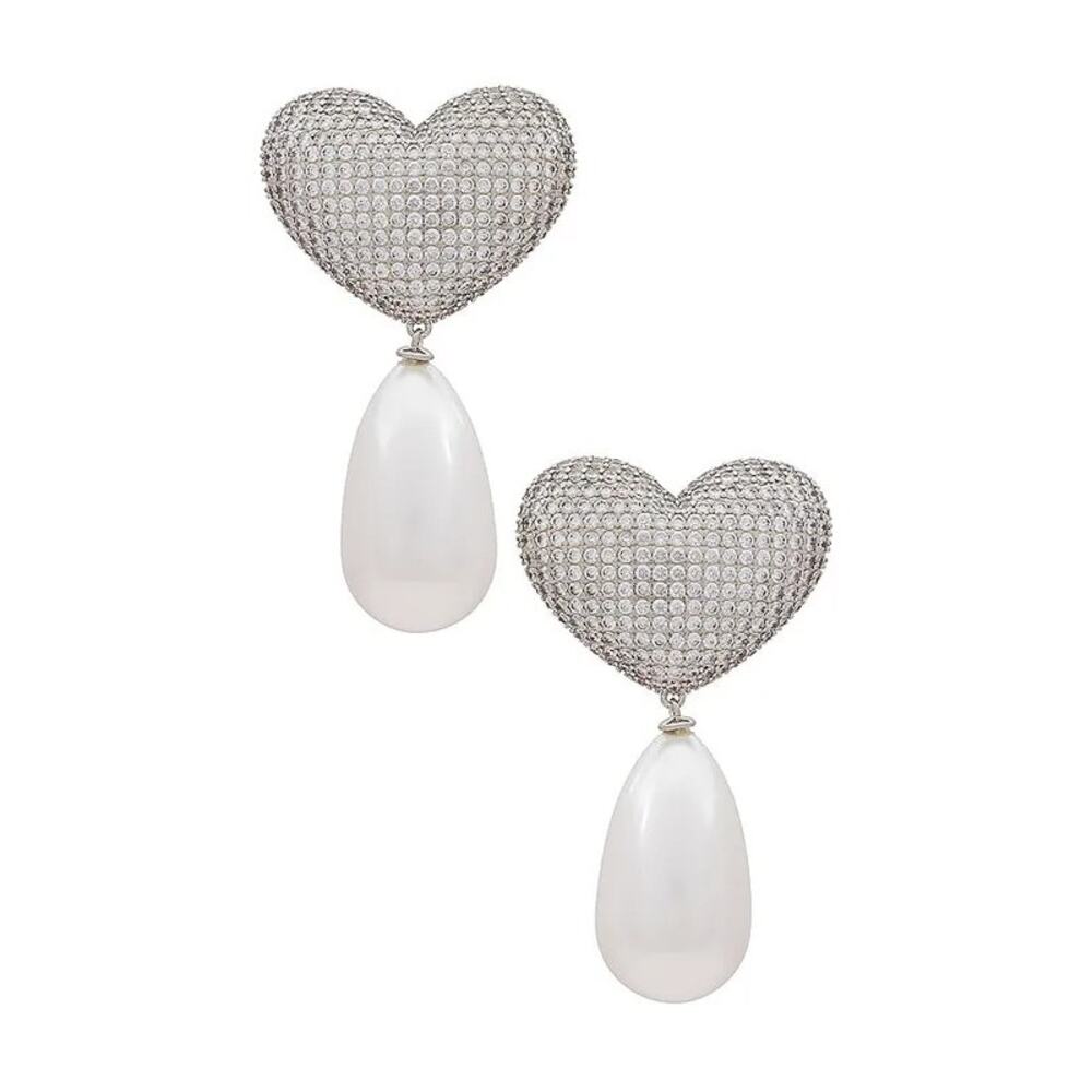 Julietta Frances Pearl Crystal Heart Clip Earrings Dangle Drop Metallic Silver